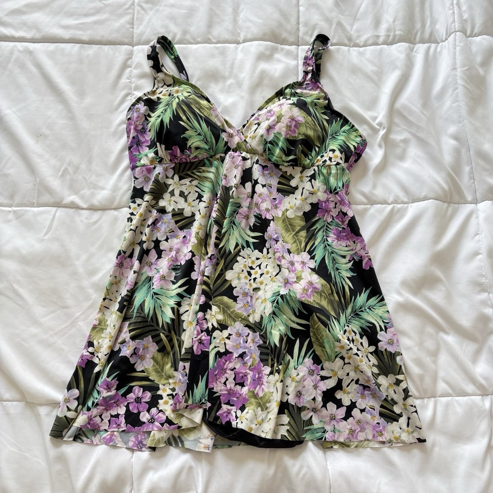 Vintage One Piece Swimsuit Womens 16 Tropical Beach Floral Black Summer Feminine